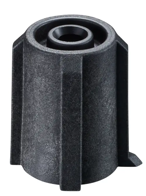 Grauer Adapter von Oventrop, gestaltet für Stellmotoren, mit einer zylindrischen Form und einem zentralen Loch an der Oberseite. Detailansicht ohne weitere Beschriftungen oder Maße.